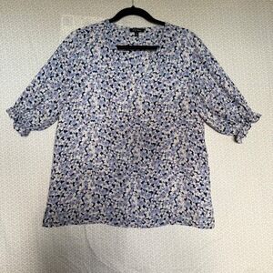 Well Worn Floral Print V Neck Puff Sleeve Top Women's Size L